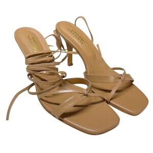 Bruno Valenti Beige Tan Wrap Up Wooden Heel Strappy Sandals Women 9
